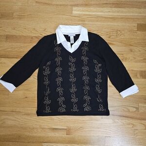 Alfred Dunner Black and White Women Sweater with Leaf Pattern